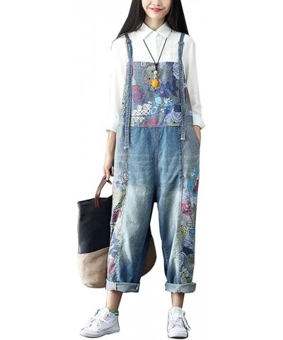 Women's Autumn Loose Baggy Denim Overall Floral Wide Leg Drop Crotch Jumpsuit Rompers Overalls Style 01 Blue $32.48 Overalls