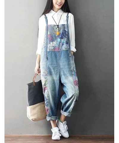 Women's Autumn Loose Baggy Denim Overall Floral Wide Leg Drop Crotch Jumpsuit Rompers Overalls Style 01 Blue $32.48 Overalls