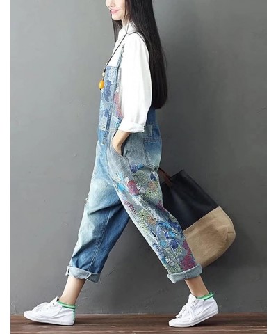 Women's Autumn Loose Baggy Denim Overall Floral Wide Leg Drop Crotch Jumpsuit Rompers Overalls Style 01 Blue $32.48 Overalls