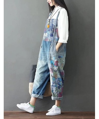 Women's Autumn Loose Baggy Denim Overall Floral Wide Leg Drop Crotch Jumpsuit Rompers Overalls Style 01 Blue $32.48 Overalls