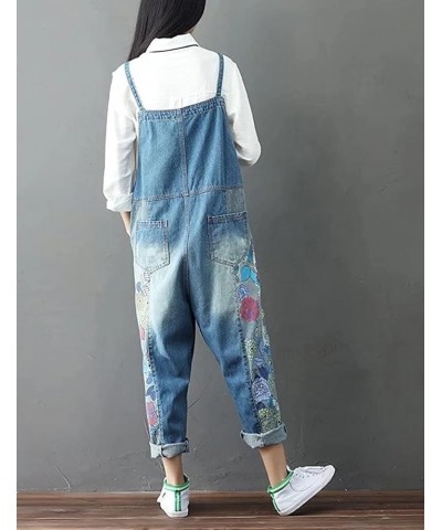 Women's Autumn Loose Baggy Denim Overall Floral Wide Leg Drop Crotch Jumpsuit Rompers Overalls Style 01 Blue $32.48 Overalls