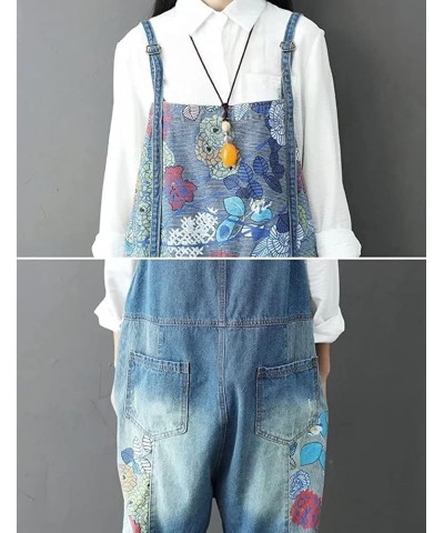 Women's Autumn Loose Baggy Denim Overall Floral Wide Leg Drop Crotch Jumpsuit Rompers Overalls Style 01 Blue $32.48 Overalls