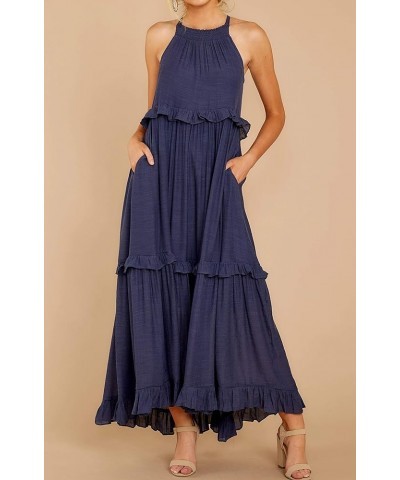 Womens Summer Dress Cotton Sleeveless Halter Layered Ruffles Casual Boho Flowy Maxi Dress Navyblue $21.72 Dresses