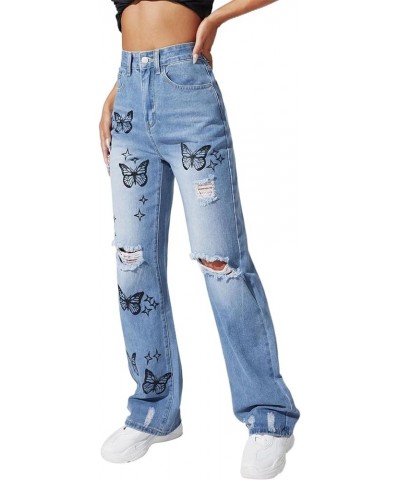 Women's Wide Leg Ripped Jeans High Waisted Butterfly Print Denim Pants Fashion Boyfriend Baggy Trousers with Pockets Blue $15...