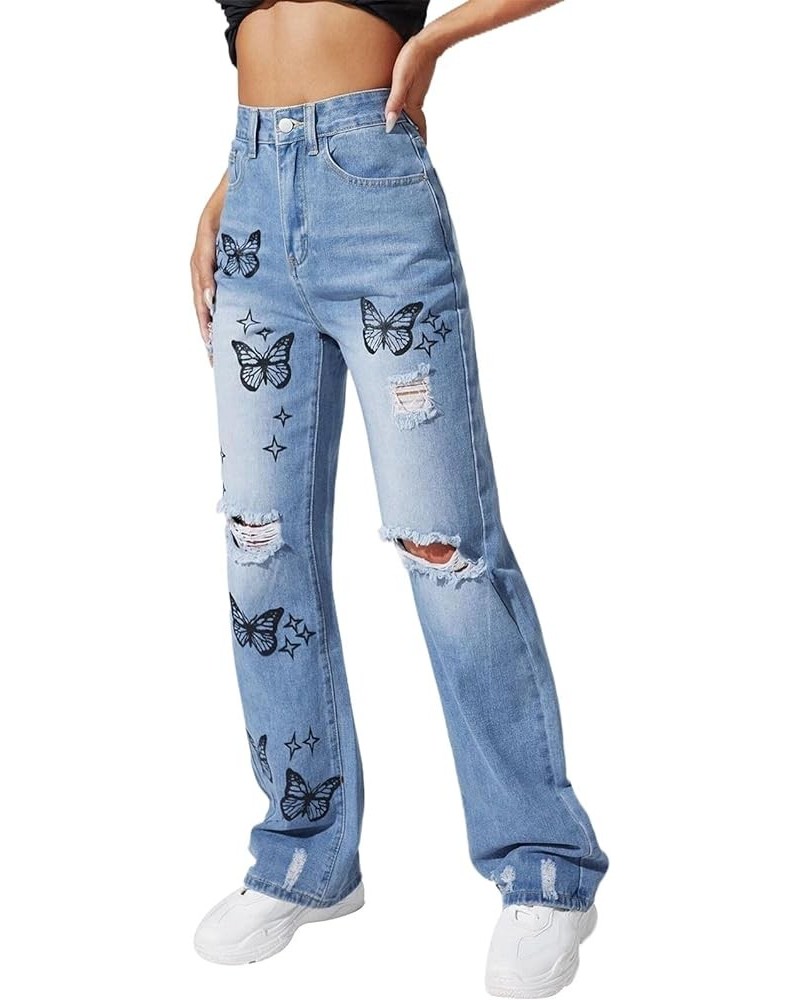 Women's Wide Leg Ripped Jeans High Waisted Butterfly Print Denim Pants Fashion Boyfriend Baggy Trousers with Pockets Blue $15...