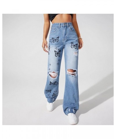 Women's Wide Leg Ripped Jeans High Waisted Butterfly Print Denim Pants Fashion Boyfriend Baggy Trousers with Pockets Blue $15...