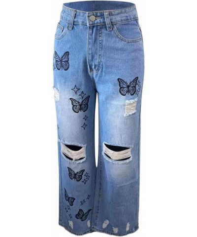 Women's Wide Leg Ripped Jeans High Waisted Butterfly Print Denim Pants Fashion Boyfriend Baggy Trousers with Pockets Blue $15...