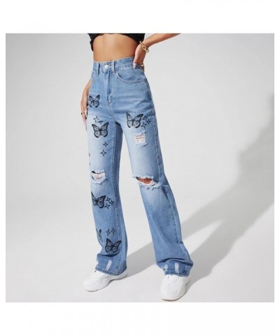 Women's Wide Leg Ripped Jeans High Waisted Butterfly Print Denim Pants Fashion Boyfriend Baggy Trousers with Pockets Blue $15...