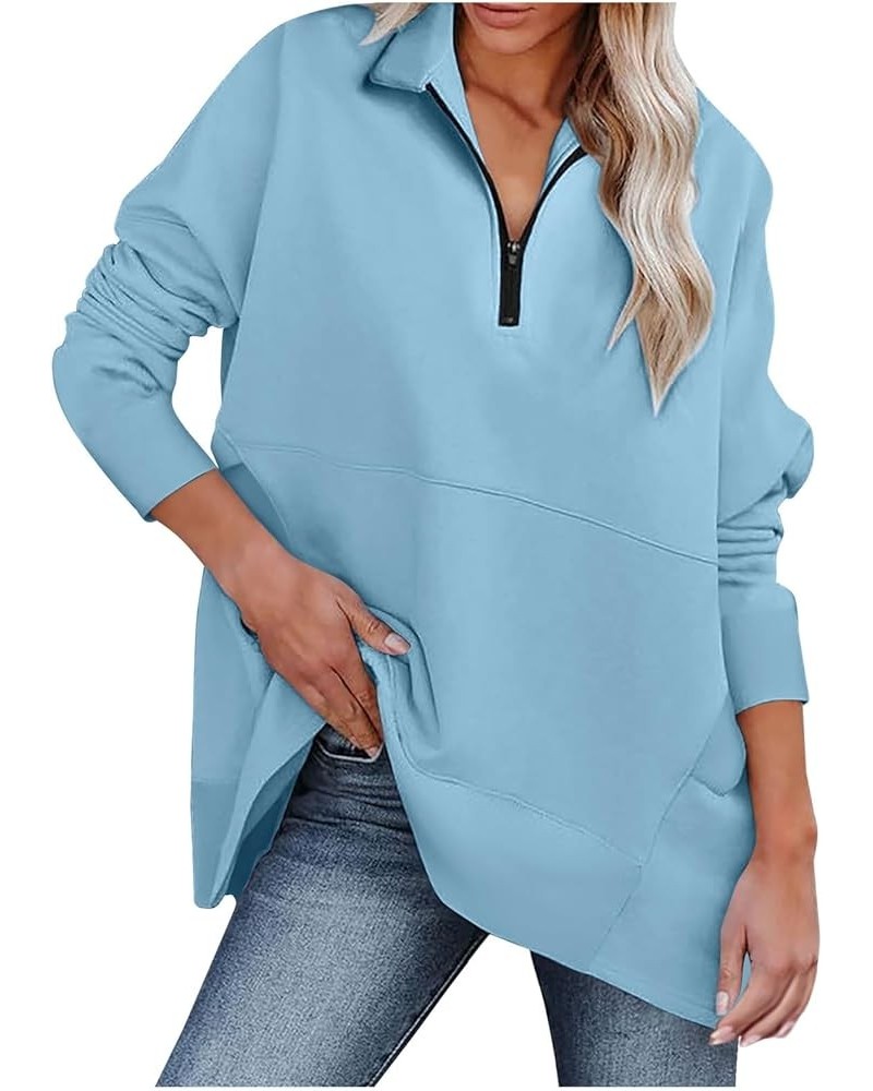 Half Zip Pullover Women Fall Solid Sweatshirts Loose Fit Long Sleeve Lapel Collar Trendy Tees Side Pockets Clothes A04-blue $...