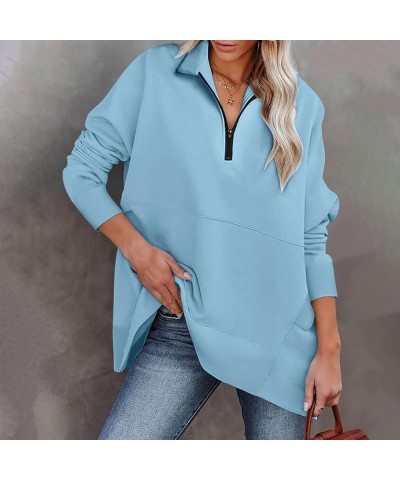 Half Zip Pullover Women Fall Solid Sweatshirts Loose Fit Long Sleeve Lapel Collar Trendy Tees Side Pockets Clothes A04-blue $...