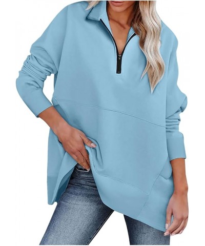 Half Zip Pullover Women Fall Solid Sweatshirts Loose Fit Long Sleeve Lapel Collar Trendy Tees Side Pockets Clothes A04-blue $...