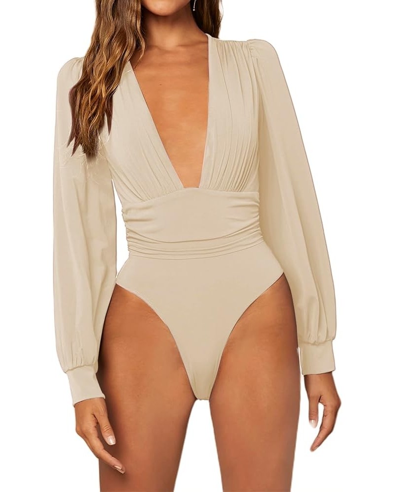 Women's Deep V Neck Long Sleeve Sexy Ruched Leotard Jumpsuit Bodysuit Tops Khaki $15.00 Bodysuits