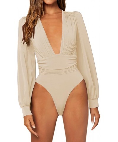 Women's Deep V Neck Long Sleeve Sexy Ruched Leotard Jumpsuit Bodysuit Tops Khaki $15.00 Bodysuits