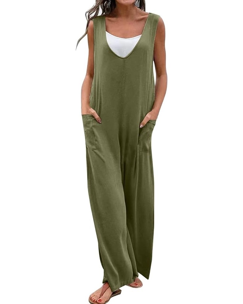 Women's Spring Sleeveless Jumpsuits Casual Summer Elegant V Neck Onesie Comfy Loose Romper Pockets Wide Leg Overalls Army Gre...