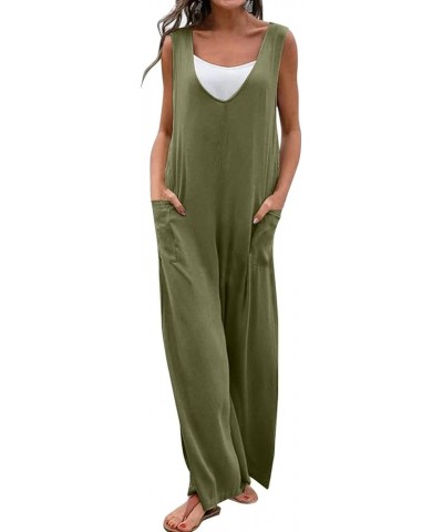 Women's Spring Sleeveless Jumpsuits Casual Summer Elegant V Neck Onesie Comfy Loose Romper Pockets Wide Leg Overalls Army Gre...