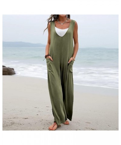 Women's Spring Sleeveless Jumpsuits Casual Summer Elegant V Neck Onesie Comfy Loose Romper Pockets Wide Leg Overalls Army Gre...