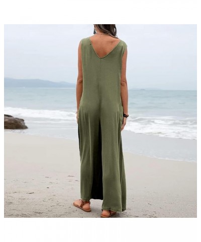 Women's Spring Sleeveless Jumpsuits Casual Summer Elegant V Neck Onesie Comfy Loose Romper Pockets Wide Leg Overalls Army Gre...