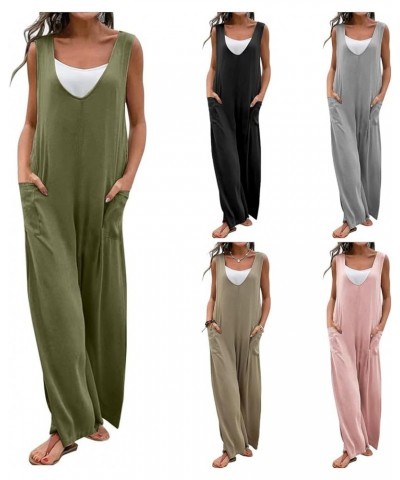 Women's Spring Sleeveless Jumpsuits Casual Summer Elegant V Neck Onesie Comfy Loose Romper Pockets Wide Leg Overalls Army Gre...