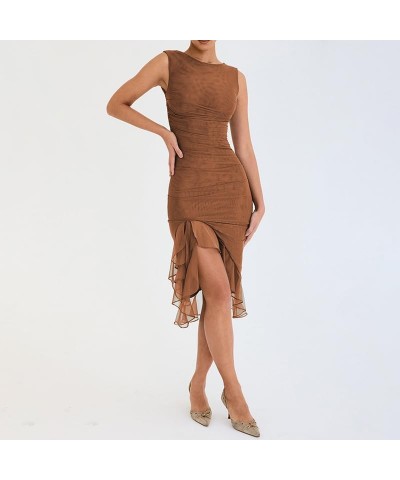 Eleagnt Women 's Backless Mesh Midi Bodycon Dresses Irregular Ruffle Hem Mermaid Fishtail Tank Dress Brown $11.79 Dresses