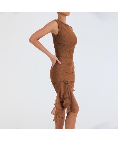 Eleagnt Women 's Backless Mesh Midi Bodycon Dresses Irregular Ruffle Hem Mermaid Fishtail Tank Dress Brown $11.79 Dresses