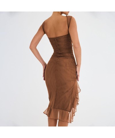 Eleagnt Women 's Backless Mesh Midi Bodycon Dresses Irregular Ruffle Hem Mermaid Fishtail Tank Dress Brown $11.79 Dresses