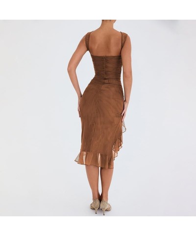 Eleagnt Women 's Backless Mesh Midi Bodycon Dresses Irregular Ruffle Hem Mermaid Fishtail Tank Dress Brown $11.79 Dresses