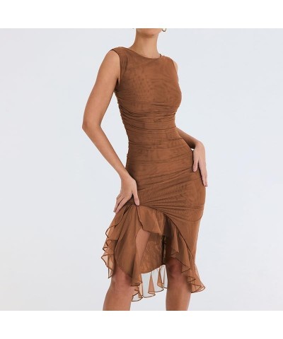 Eleagnt Women 's Backless Mesh Midi Bodycon Dresses Irregular Ruffle Hem Mermaid Fishtail Tank Dress Brown $11.79 Dresses