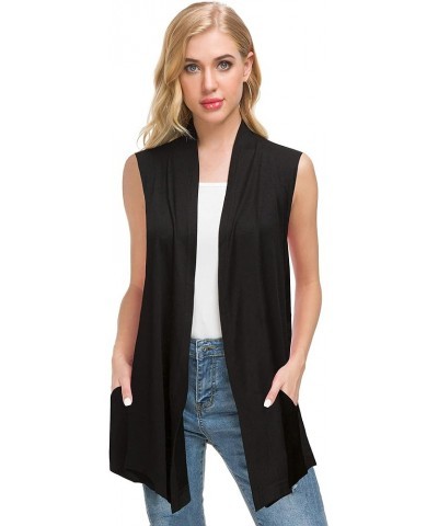 Women's Lightweight Sleeveless Open Front Drape Vest Cardigan with Pockets Black $10.59 Sweaters