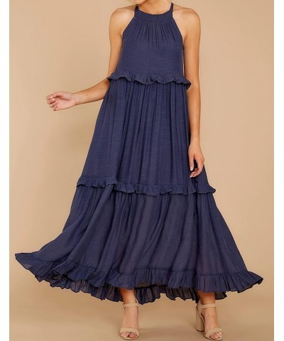 Womens Summer Dress Cotton Sleeveless Halter Layered Ruffles Casual Boho Flowy Maxi Dress Navyblue $21.72 Dresses