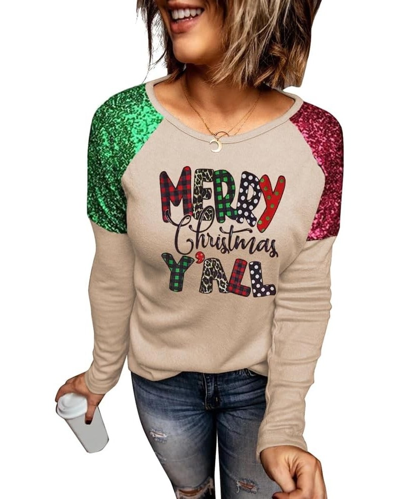 Womens Just A Girl Who Loves Christmas Tree Shirt Funny Raglan Sequined Splicing Sleeve Tee Xmas Family Party Tops X-apricot-...