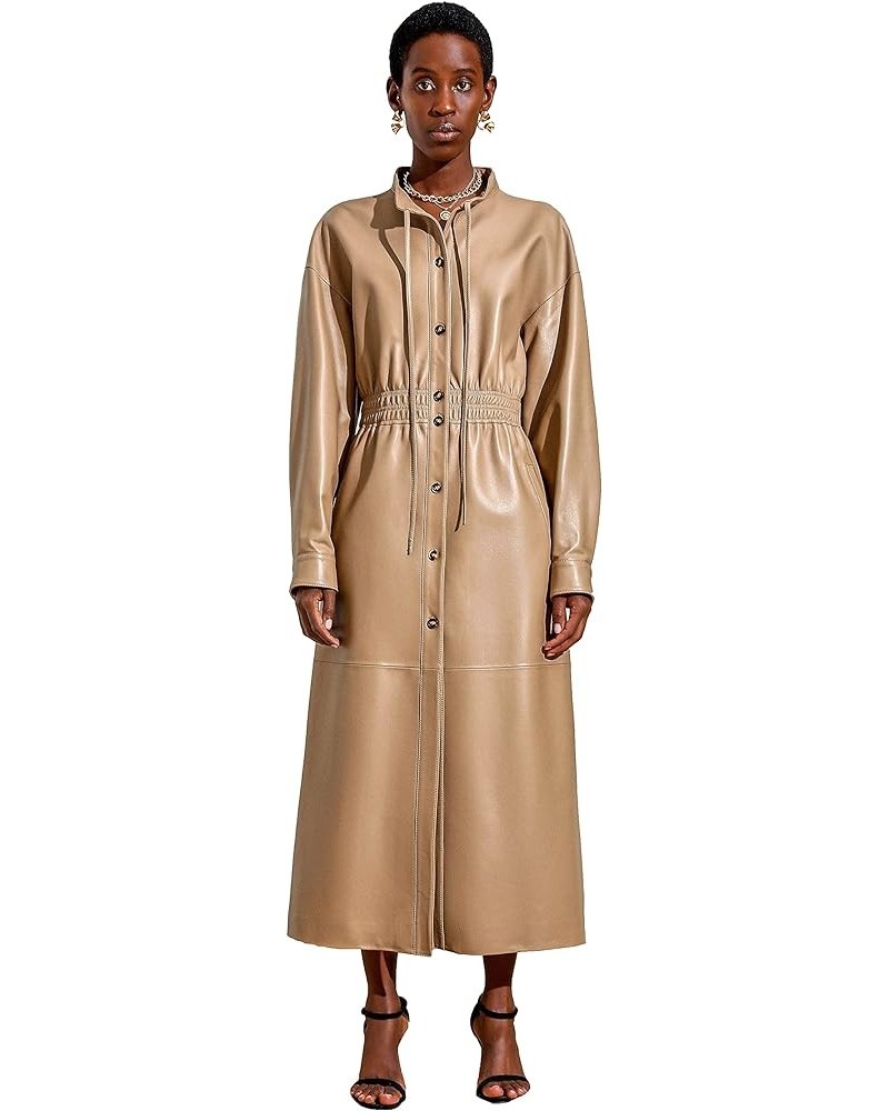 Women's Genuine Leather Long Trench Coat Slim fit Stand Collar Maxi Dress Coat Camel SmartUniverseWear Camel $140.70 Coats