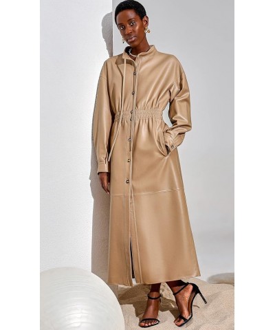 Women's Genuine Leather Long Trench Coat Slim fit Stand Collar Maxi Dress Coat Camel SmartUniverseWear Camel $140.70 Coats