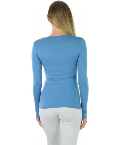 Junior Women's Slim Fit Long Sleeve Shirt Scoop Neckline Basic Tee Layering Cotton Top Blue $8.98 T-Shirts