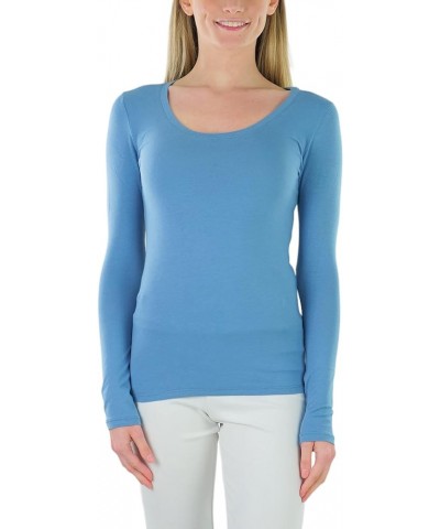 Junior Women's Slim Fit Long Sleeve Shirt Scoop Neckline Basic Tee Layering Cotton Top Blue $8.98 T-Shirts