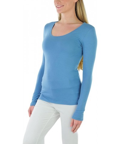 Junior Women's Slim Fit Long Sleeve Shirt Scoop Neckline Basic Tee Layering Cotton Top Blue $8.98 T-Shirts