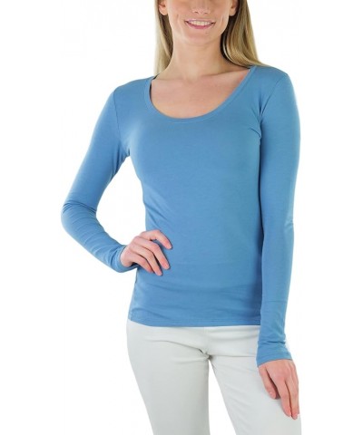 Junior Women's Slim Fit Long Sleeve Shirt Scoop Neckline Basic Tee Layering Cotton Top Blue $8.98 T-Shirts