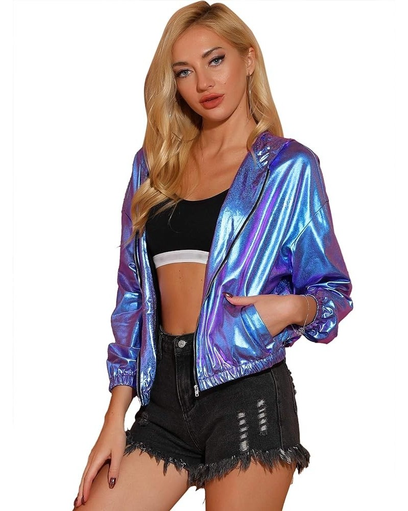 Women's Holographic Party Shimmering Shiny Lightweight Zipper Hooded Metallic Jacket Blue Purple $22.55 Jackets