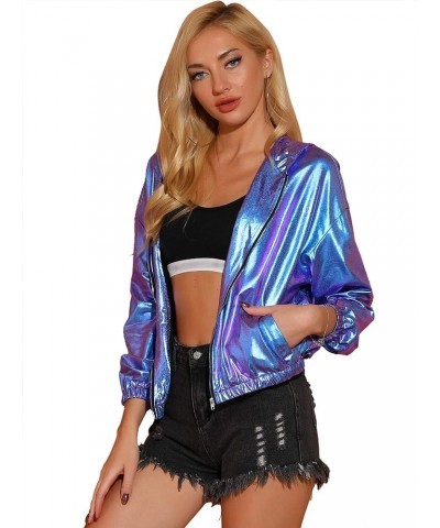 Women's Holographic Party Shimmering Shiny Lightweight Zipper Hooded Metallic Jacket Blue Purple $22.55 Jackets