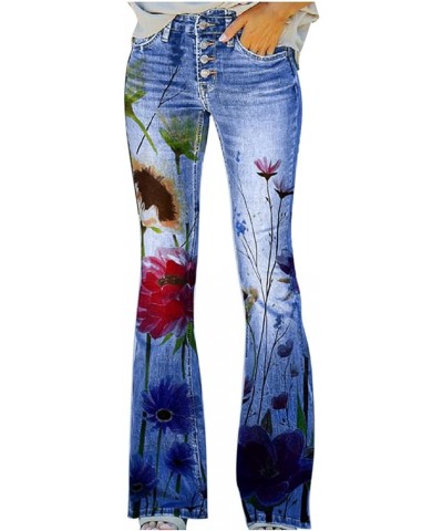 Womens Thin Faux Jeans High Waist Stretchy Button Down Floral Printed Trousers Omber Skinny Flare Pants Boot Cut Blue $11.19 ...