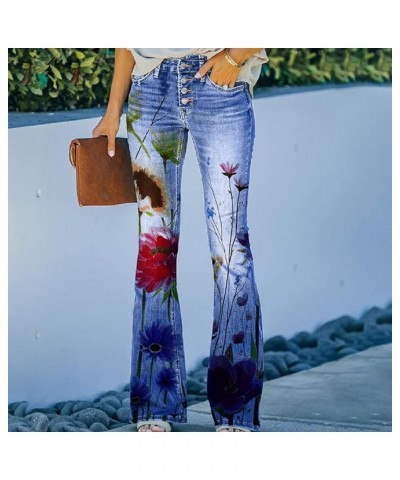 Womens Thin Faux Jeans High Waist Stretchy Button Down Floral Printed Trousers Omber Skinny Flare Pants Boot Cut Blue $11.19 ...