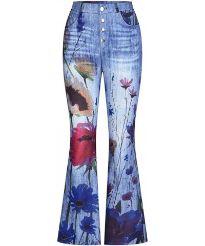 Womens Thin Faux Jeans High Waist Stretchy Button Down Floral Printed Trousers Omber Skinny Flare Pants Boot Cut Blue $11.19 ...