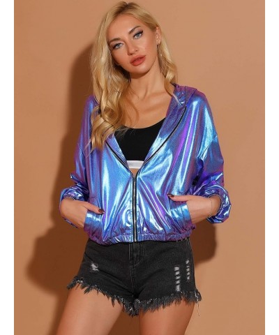 Women's Holographic Party Shimmering Shiny Lightweight Zipper Hooded Metallic Jacket Blue Purple $22.55 Jackets