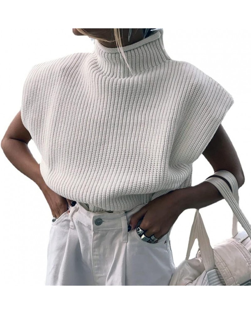 Women Mock Turtleneck Cap Sleeve Knit Sweater Vest Casual Winter Shoulder Pads Pullover Sweater Top Knitwear Tank White $11.8...