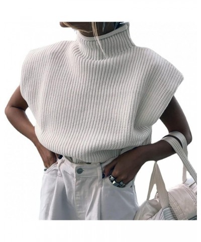 Women Mock Turtleneck Cap Sleeve Knit Sweater Vest Casual Winter Shoulder Pads Pullover Sweater Top Knitwear Tank White $11.8...