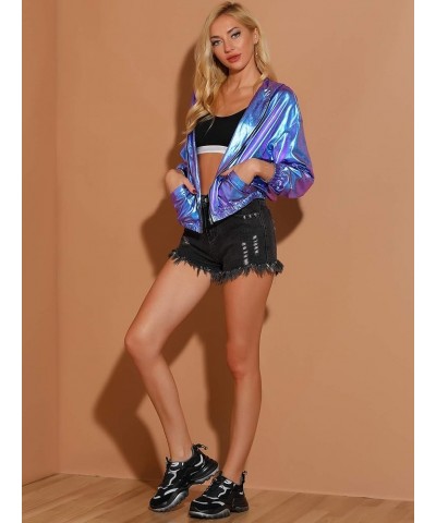 Women's Holographic Party Shimmering Shiny Lightweight Zipper Hooded Metallic Jacket Blue Purple $22.55 Jackets