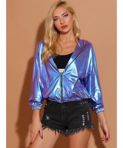 Women's Holographic Party Shimmering Shiny Lightweight Zipper Hooded Metallic Jacket Blue Purple $22.55 Jackets