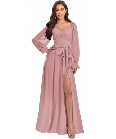 Long Sleeve Bridesmaid Dresses for Women Chiffon A Line Prom Formal Party Dress with Slit Dusty Rose $32.99 Dresses