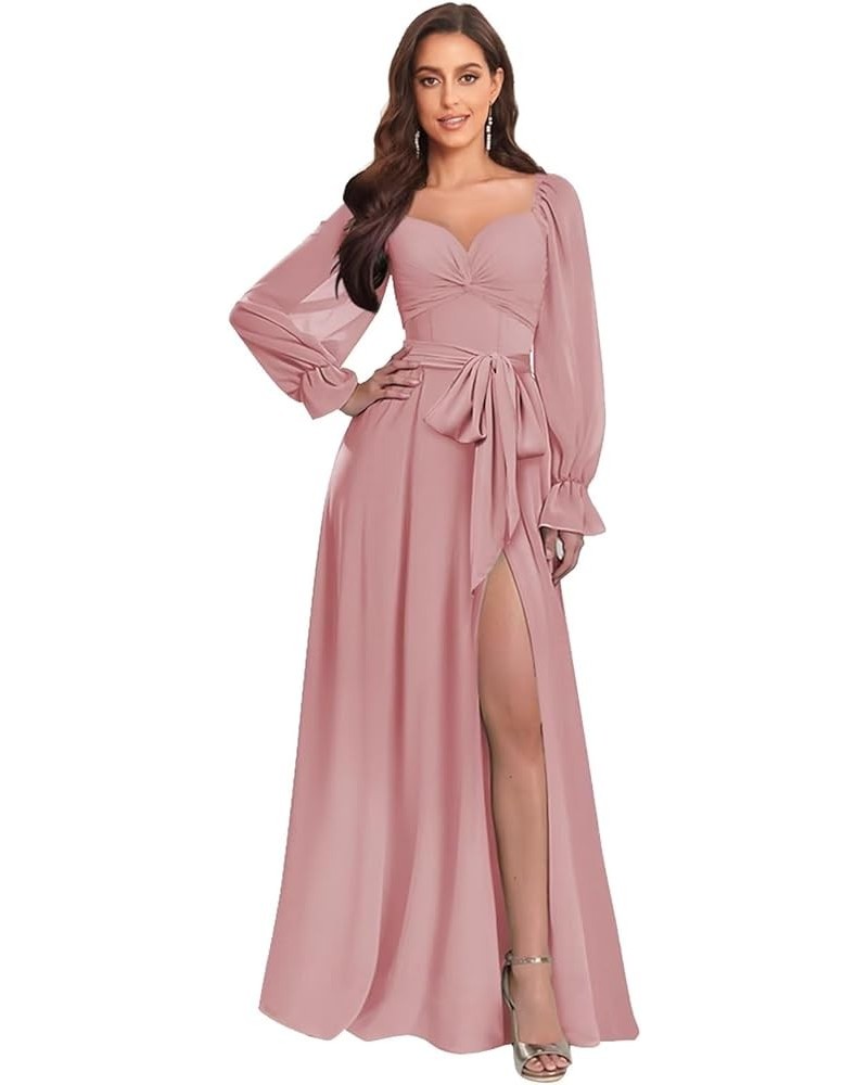 Long Sleeve Bridesmaid Dresses for Women Chiffon A Line Prom Formal Party Dress with Slit Dusty Rose $32.99 Dresses