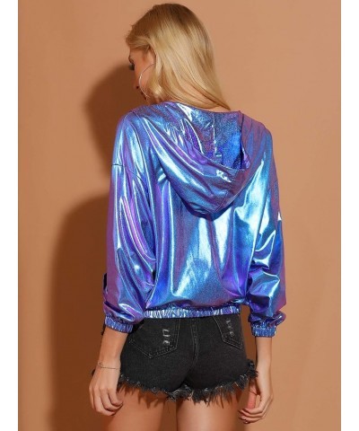 Women's Holographic Party Shimmering Shiny Lightweight Zipper Hooded Metallic Jacket Blue Purple $22.55 Jackets