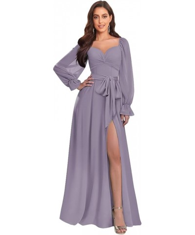 Long Sleeve Bridesmaid Dresses for Women Chiffon A Line Prom Formal Party Dress with Slit Dusty Rose $32.99 Dresses